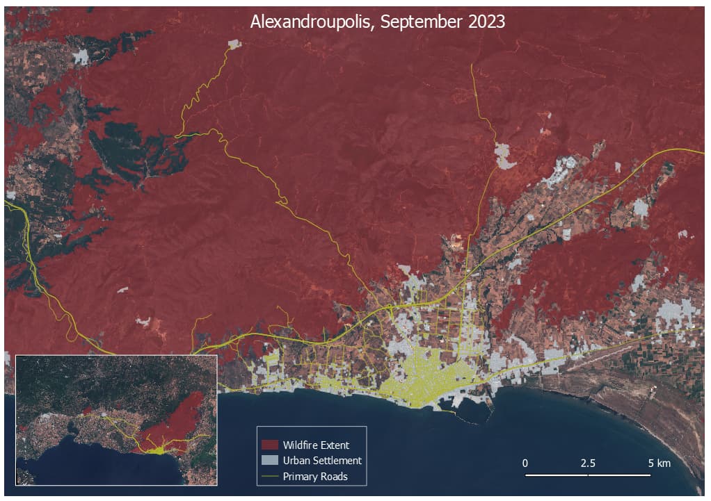 The extent of wildfires surrounding Alexandroupolis, Greece - September 2023