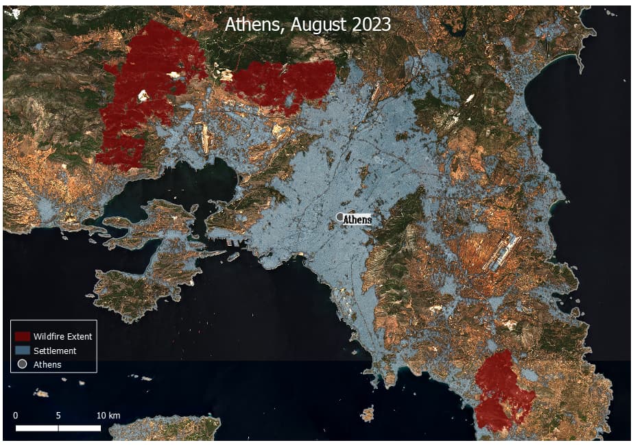 Extent of wildifres surrounding Athens - August 2023