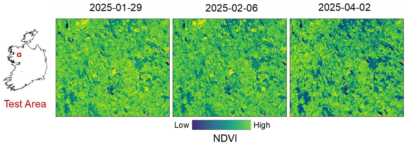 NDVI images for a test area in Ireland