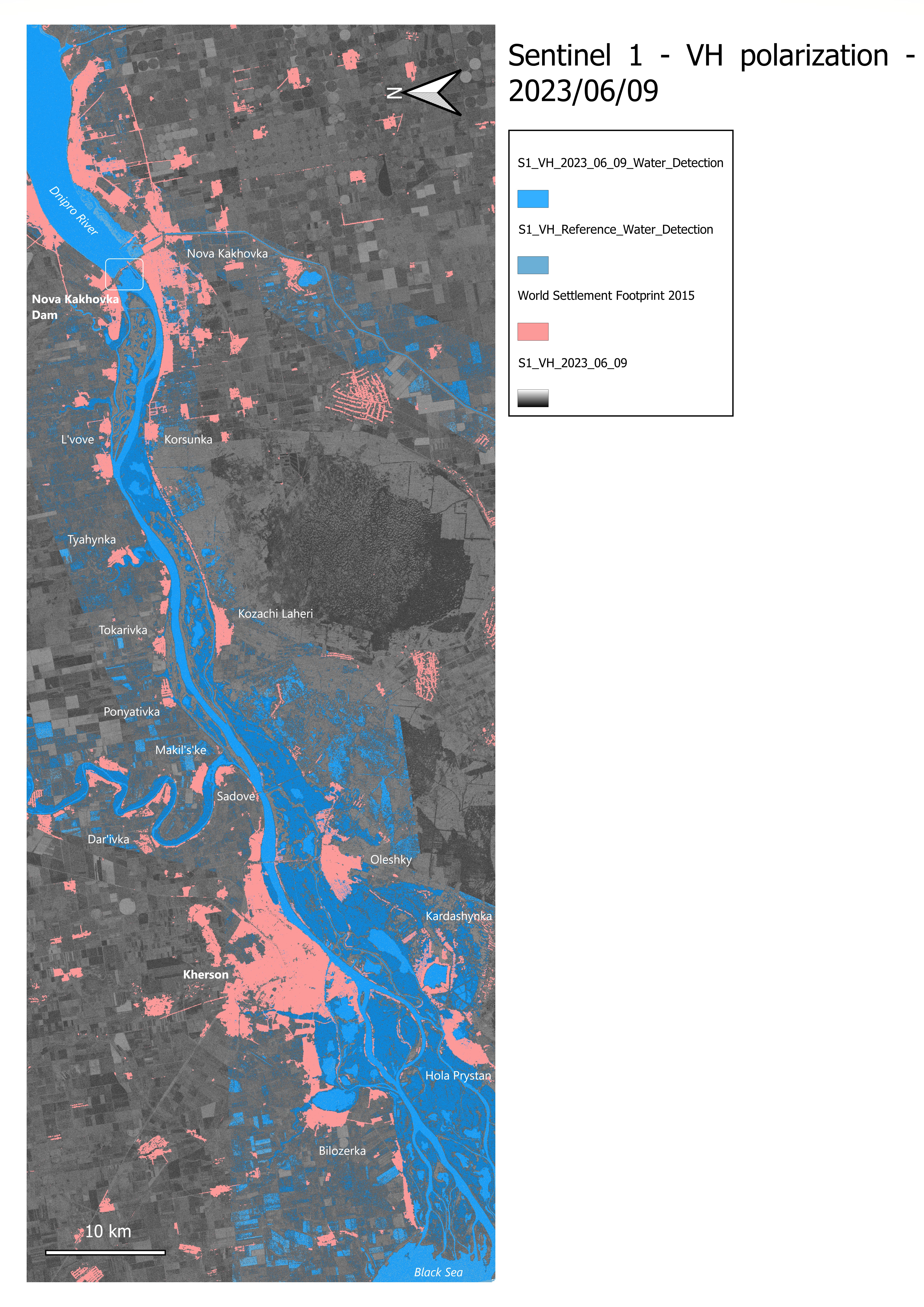 Sentinel-1 map showing the extent of flooding following the Nova Kakhovka dam breach