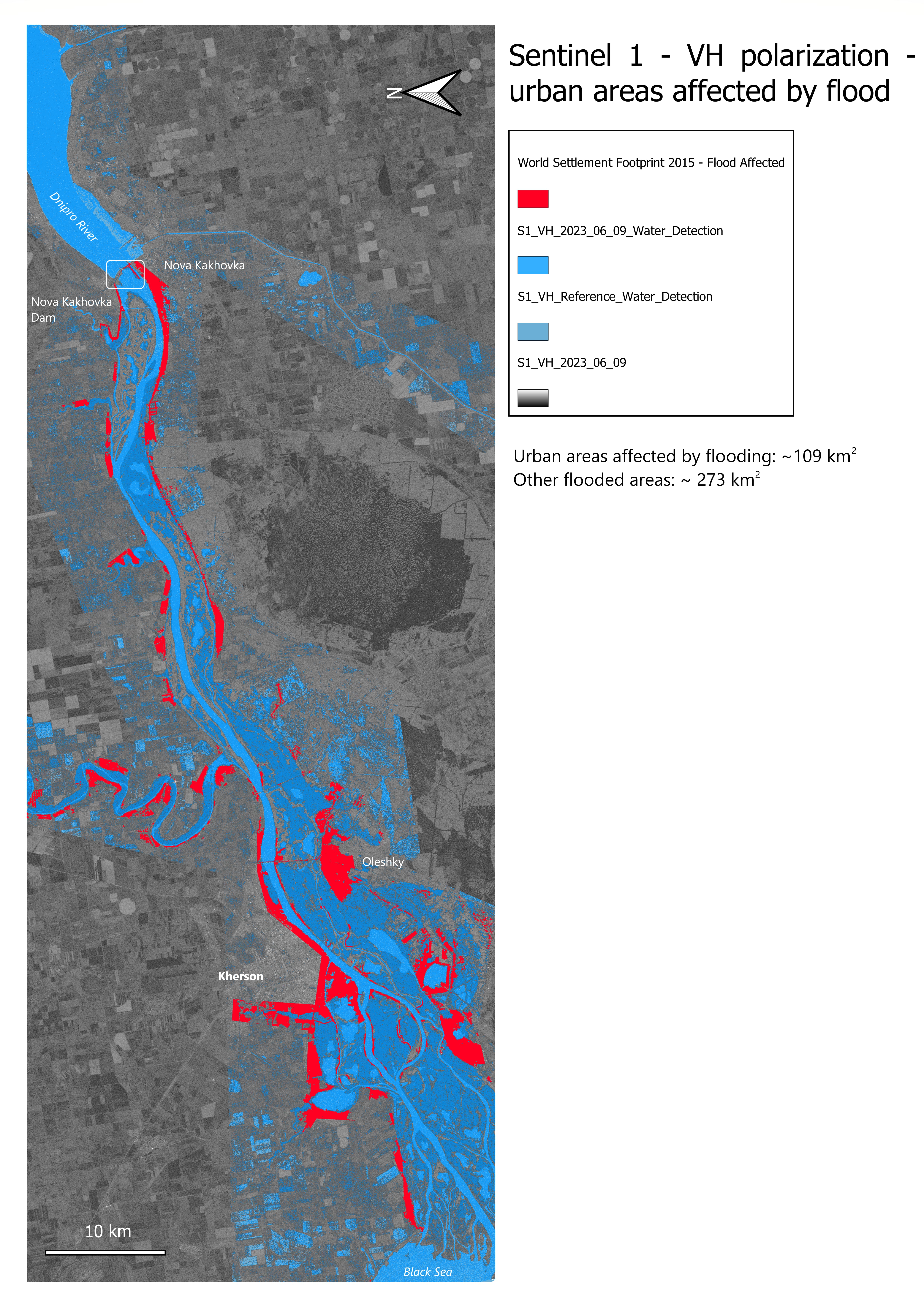 Sentinel-1 map showing the extent of flooding following the Nova Kakhovka dam breach with urban affected urban areas highlighted