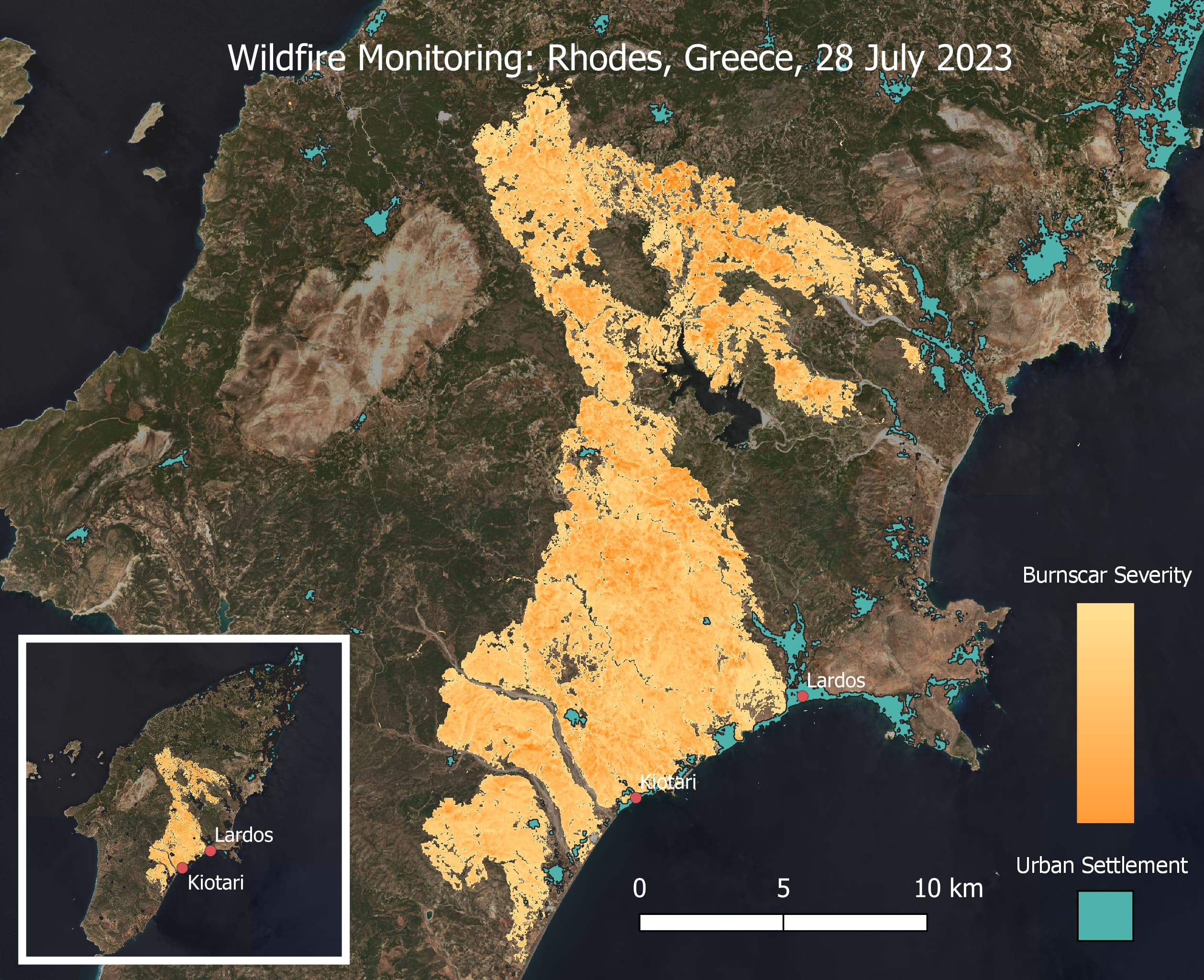 Wildfire 28th July showing urban settlement areas